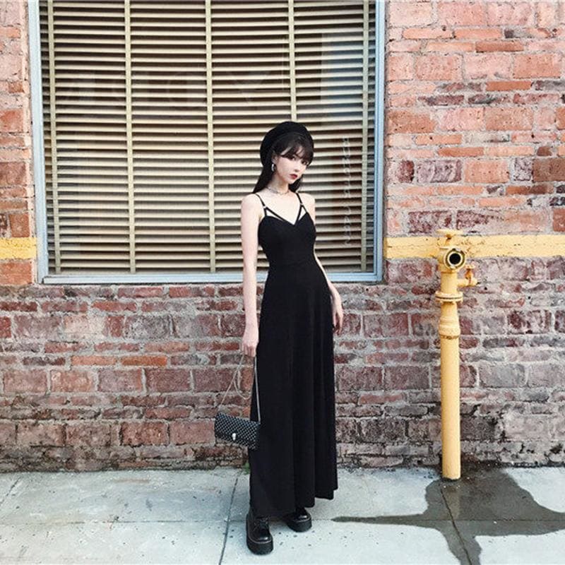 Black V-Neck Strap Open Leg Slit Long Dress EE0904