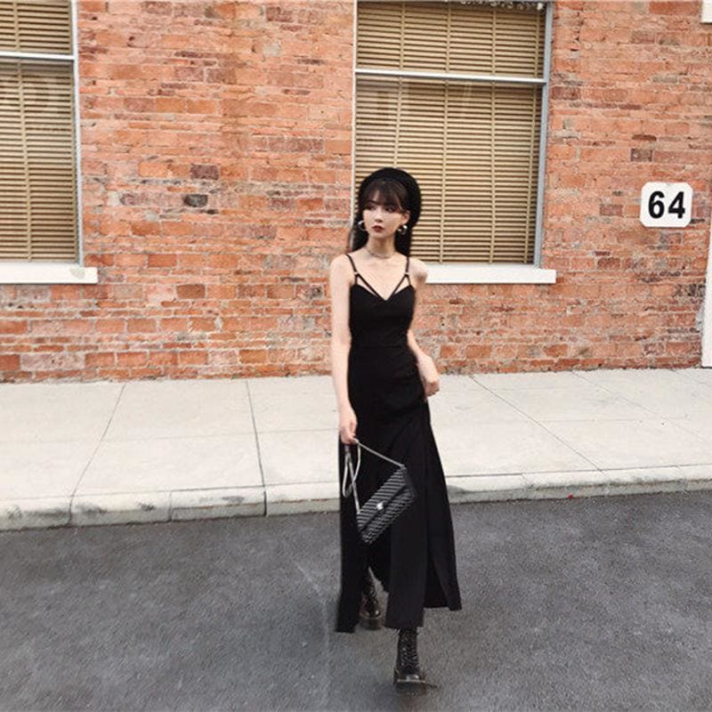 Black V-Neck Strap Open Leg Slit Long Dress EE0904