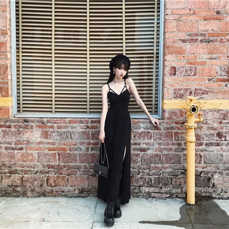 Black V-Neck Strap Open Leg Slit Long Dress EE0904