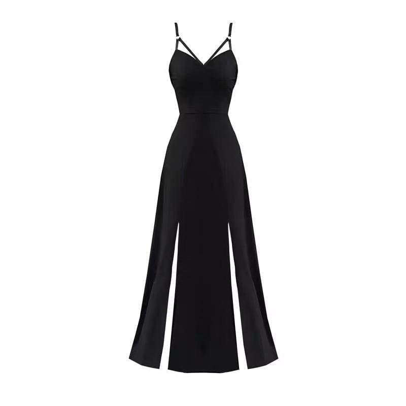 Black V-Neck Strap Open Leg Slit Long Dress EE0904