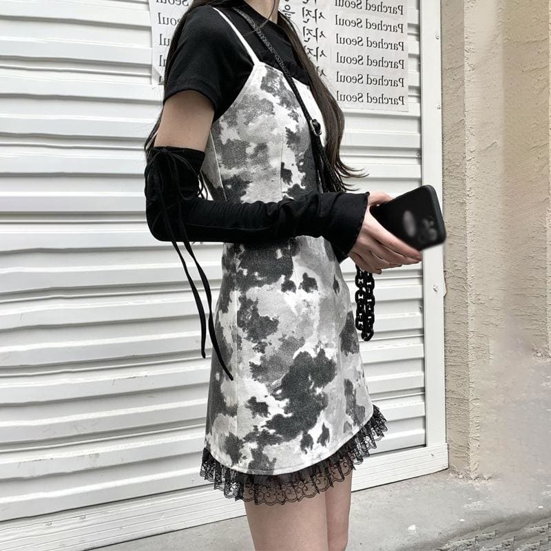 Black White Removable Sleeves Top Tie Dye Slip Dress EE0794
