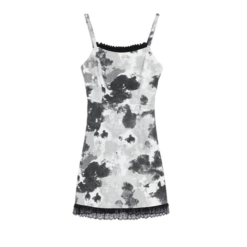 Black White Removable Sleeves Top Tie Dye Slip Dress EE0794