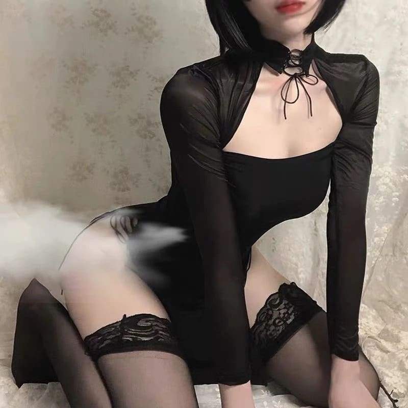 Black/White Cheongsam Sleepwear Dress
