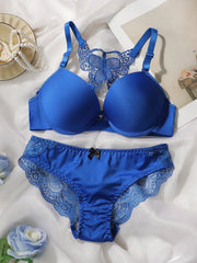 blue embroidery set 2-piece set of sexy Front button Bra