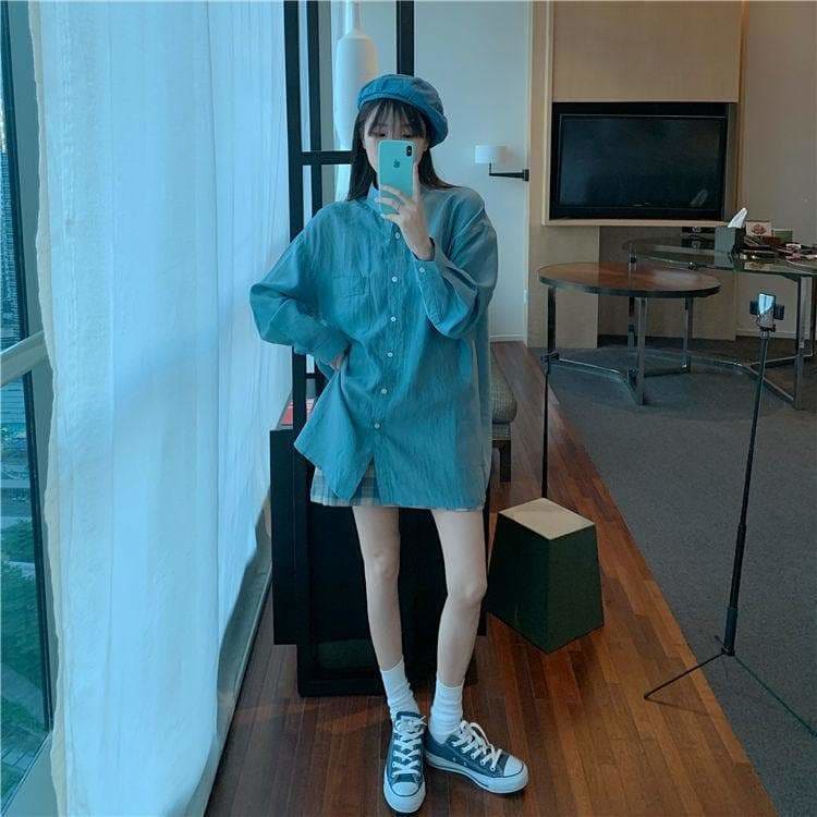 Blue Sunscreen Shirt + Plaid Sling Slim A-line Dress Two-piece Suit