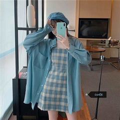 Blue Sunscreen Shirt + Plaid Sling Slim A-line Dress Two-piece Suit