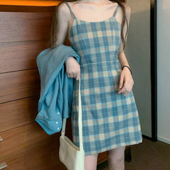 Blue Sunscreen Shirt + Plaid Sling Slim A-line Dress Two-piece Suit