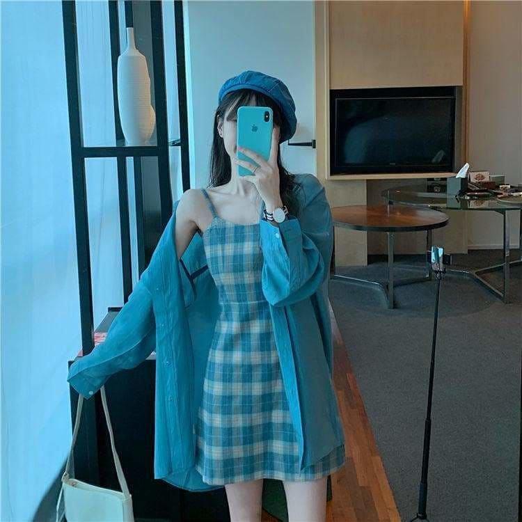 Blue Sunscreen Shirt + Plaid Sling Slim A-line Dress Two-piece Suit