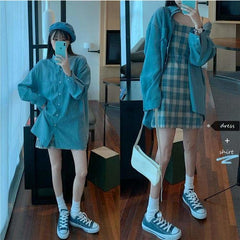 Blue Sunscreen Shirt + Plaid Sling Slim A-line Dress Two-piece Suit