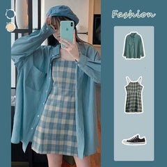 Blue Sunscreen Shirt + Plaid Sling Slim A-line Dress Two-piece Suit