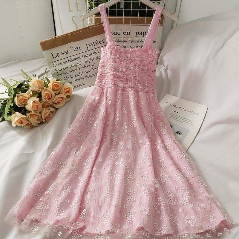 Blue/Pink/White Summer Floral Mesh Dress
