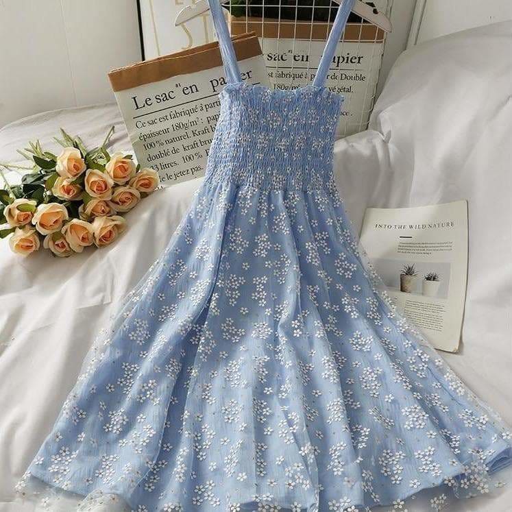 Blue/Pink/White Summer Floral Mesh Dress