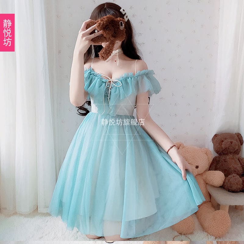 Blue/White Fairy Soft Princess Off Shoulder Dress