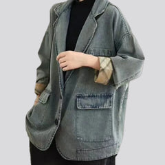 Boho style retro plaid cuff denim blazer for women