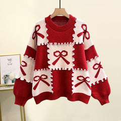 Red Bow Knot Print Colorblock Sweater Slip Dress Set