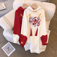 Koi Fish Fringed Buckle Hoodie Sweatshirt Dress