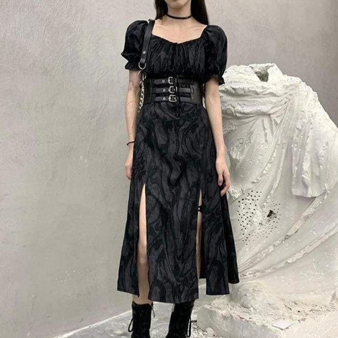 Cool Alternative Grunge Open Leg Long Black Gray Dress