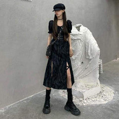 Cool Alternative Grunge Open Leg Long Black Gray Dress