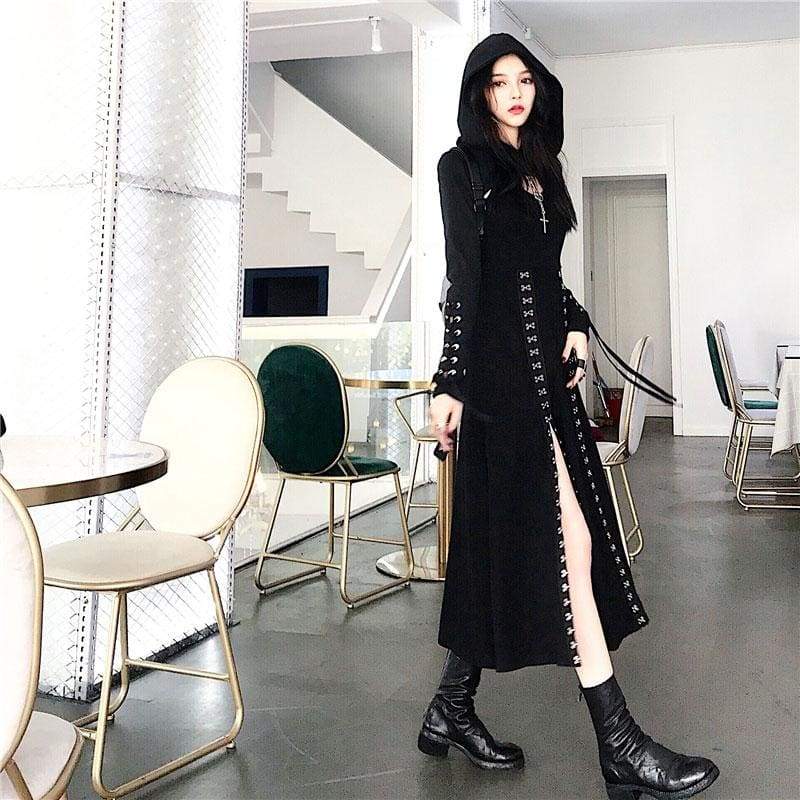 Cool Set Gothic Lace Up Hollow Sweatshirt Hoodie Split Long Dress Two Piece Set