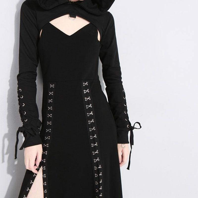 Cool Set Gothic Lace Up Hollow Sweatshirt Hoodie Split Long Dress Two Piece Set
