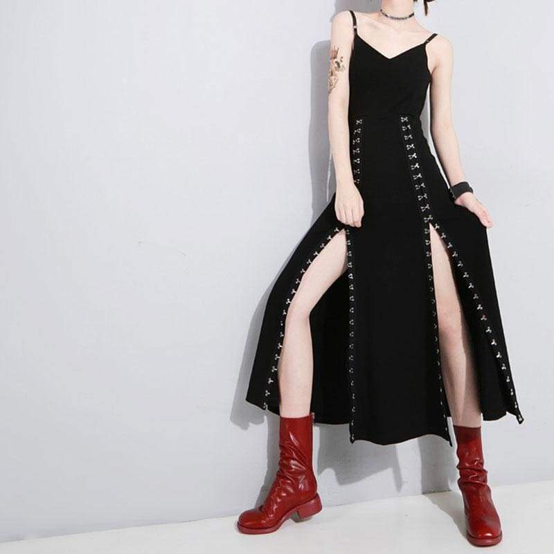 Cool Set Gothic Lace Up Hollow Sweatshirt Hoodie Split Long Dress Two Piece Set