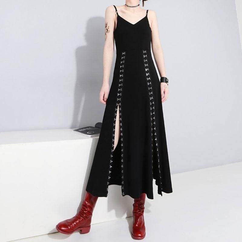 Cool Set Gothic Lace Up Hollow Sweatshirt Hoodie Split Long Dress Two Piece Set