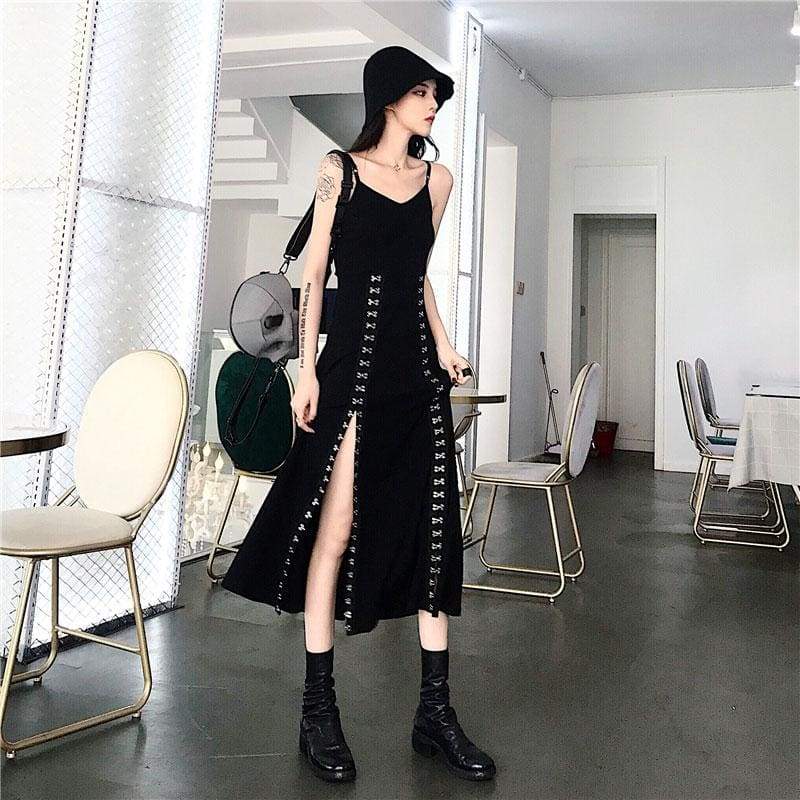 Cool Set Gothic Lace Up Hollow Sweatshirt Hoodie Split Long Dress Two Piece Set