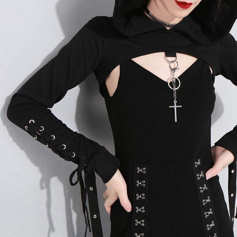 Cool Set Gothic Lace Up Hollow Sweatshirt Hoodie Split Long Dress Two Piece Set