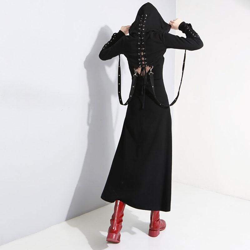 Cool Set Gothic Lace Up Hollow Sweatshirt Hoodie Split Long Dress Two Piece Set