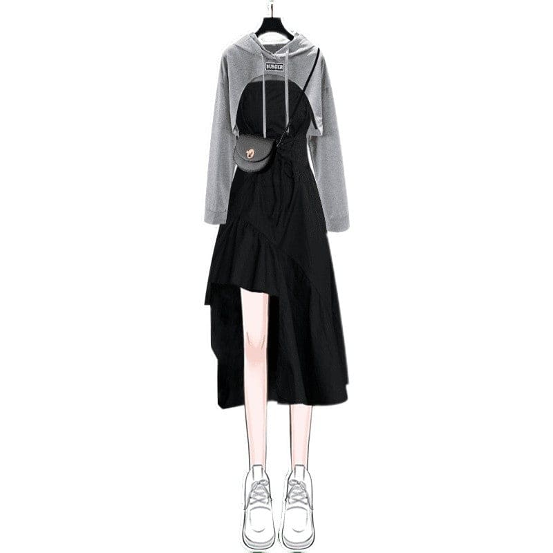 Cross Short Hoodie Black Dress Set