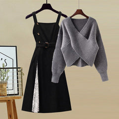 Cross Sweater Lace Black Dress Two Pieces Set