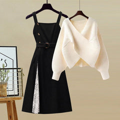 Cross Sweater Lace Black Dress Two Pieces Set