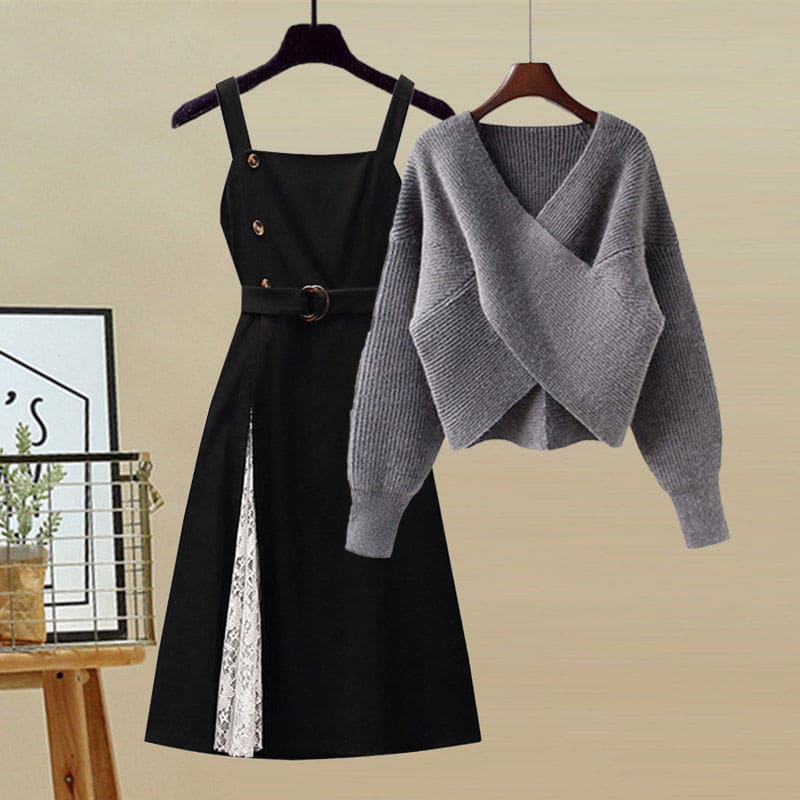 Cross Sweater Lace Black Dress Two Pieces Set