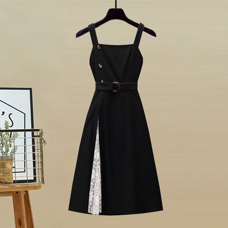 Cross Sweater Lace Black Dress Two Pieces Set