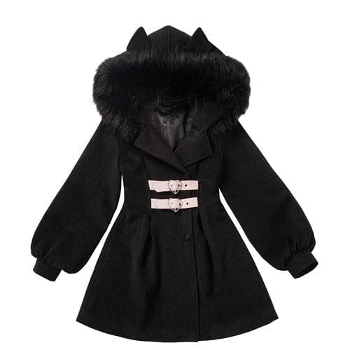 Cute Black Pink Fluffy Cat Ears Coat Dress