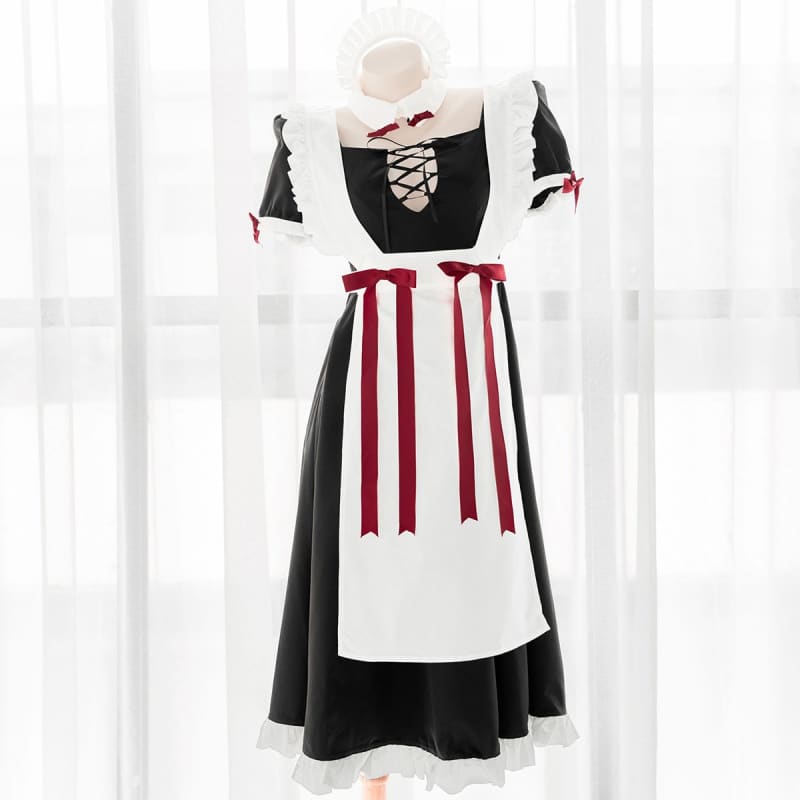 Cute Long Black Open Back Maid Dress EE0960