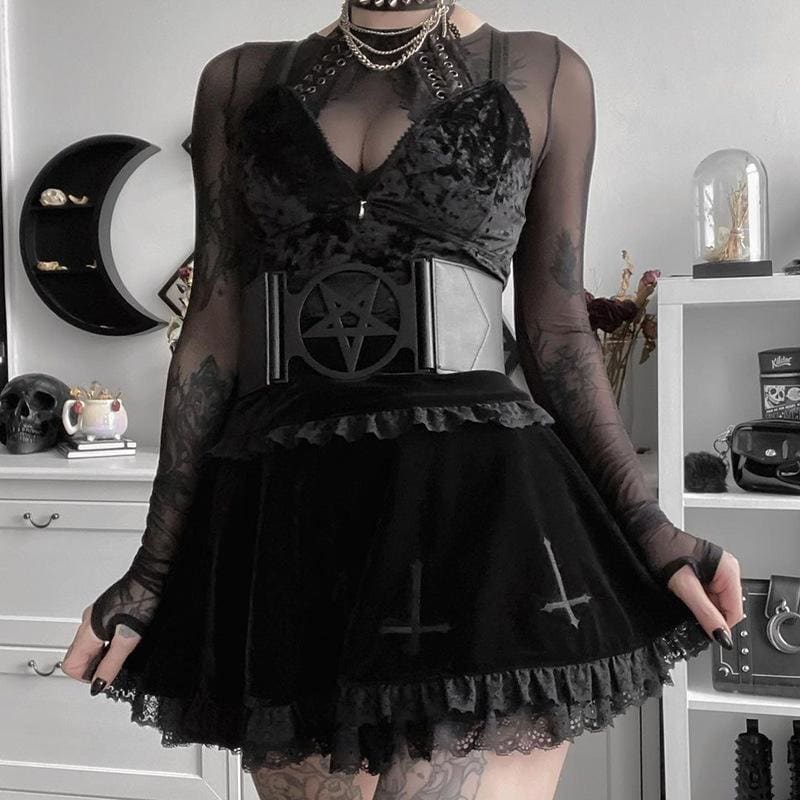 Cute Punk Cross Embroidery Lace Velvet Black Dress EE0912