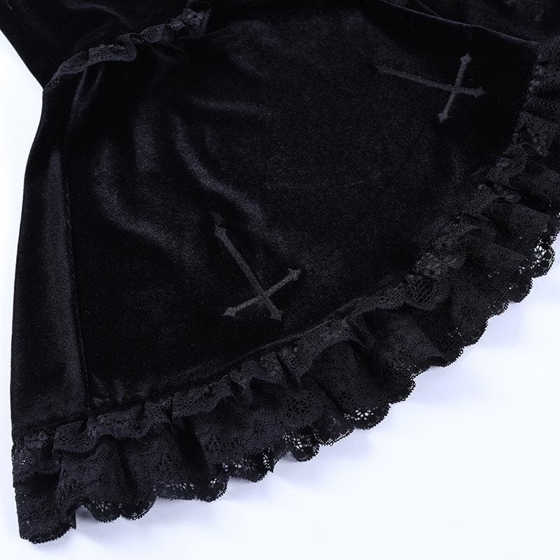 Cute Punk Cross Embroidery Lace Velvet Black Dress EE0912