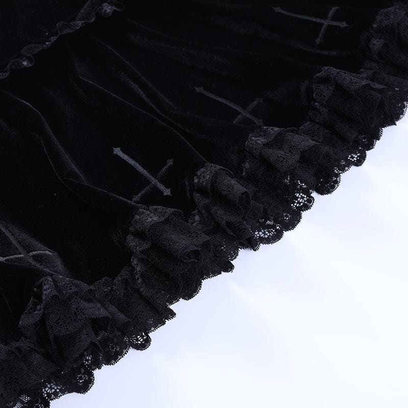 Cute Punk Cross Embroidery Lace Velvet Black Dress EE0912