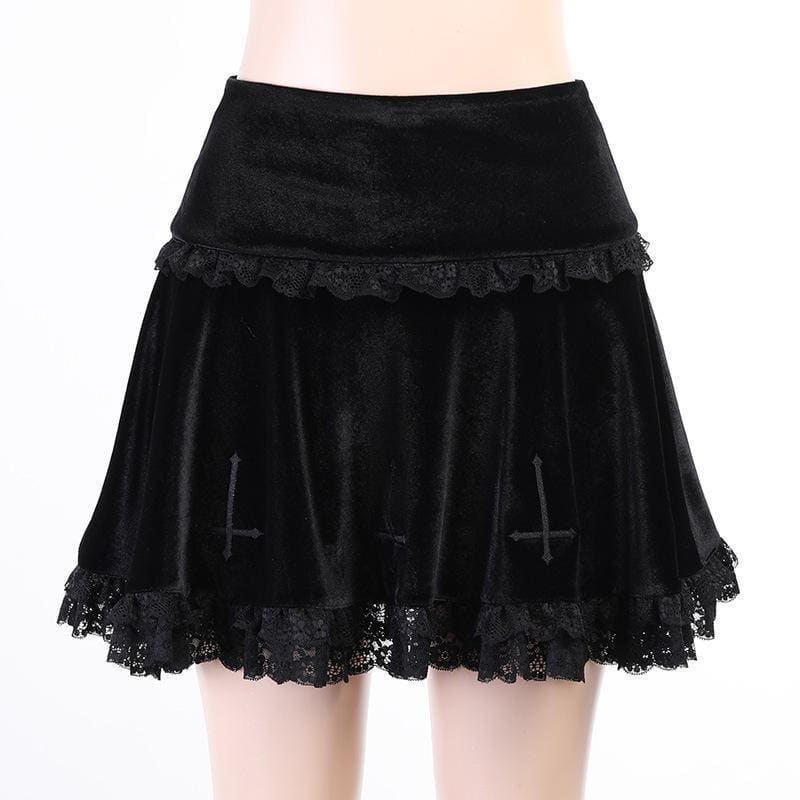 Cute Punk Cross Embroidery Lace Velvet Black Dress EE0912
