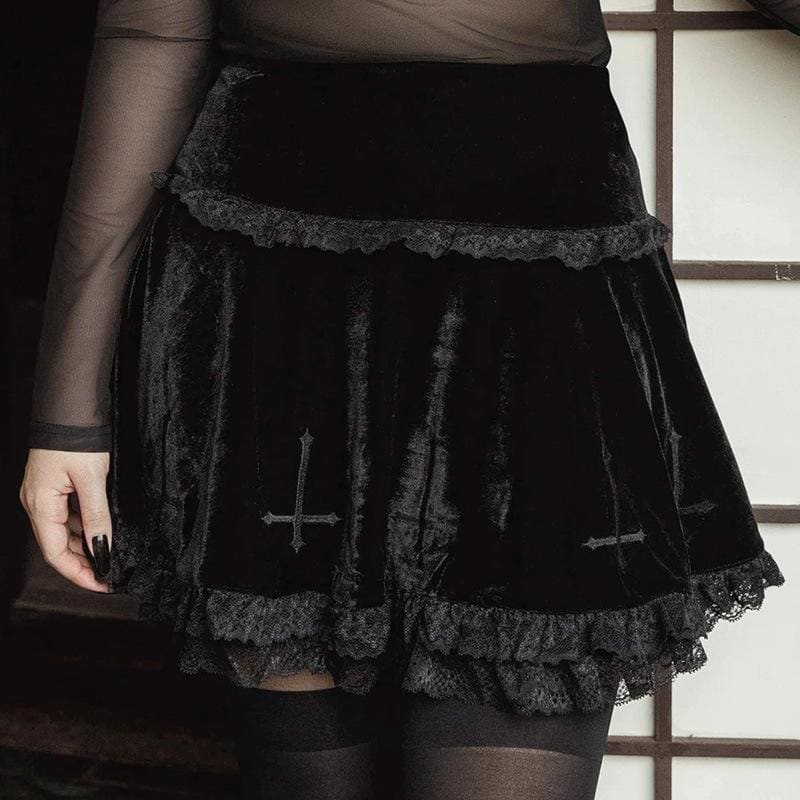 Cute Punk Cross Embroidery Lace Velvet Black Dress EE0912