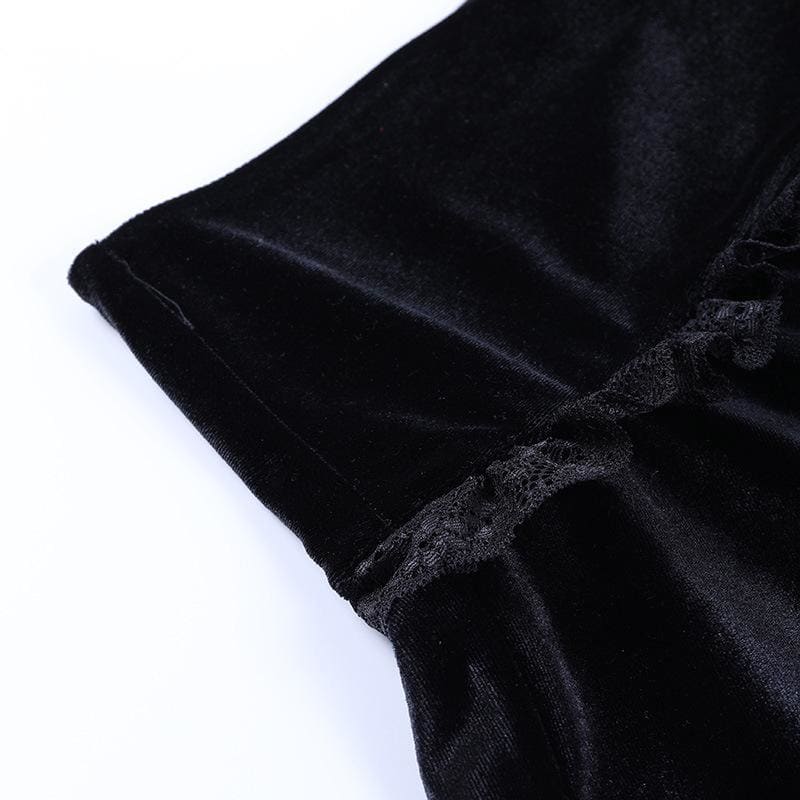Cute Punk Cross Embroidery Lace Velvet Black Dress EE0912