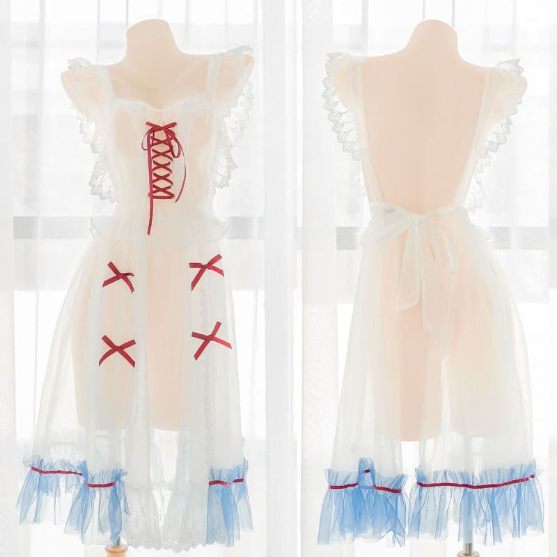 Cute See Through Dress Blue Details Red Ribbons Lingerie