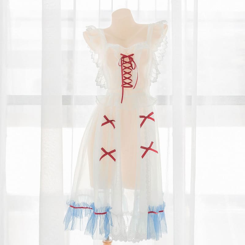 Cute See Through Dress Blue Details Red Ribbons Lingerie