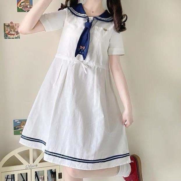 Cute White Sailor Kitty Dress