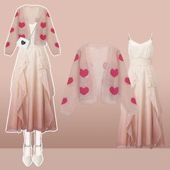 Love Heart Hollow Out Cardigan Flouncing Dress