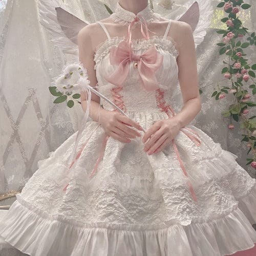 Dreamy Angel Cute White Black Pastel Bows Lolita Dress