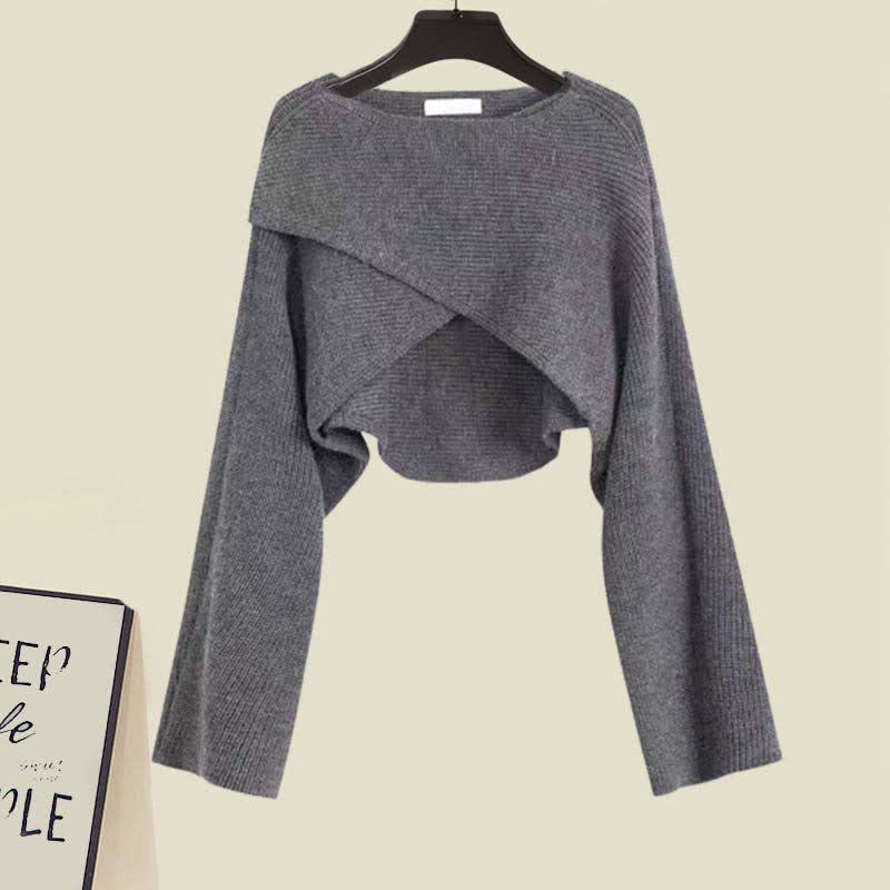 Elegant Cross Knit Sweater Lace Up Irregular Ruffled Slip Dress Set MK19596