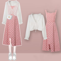 V-neck Cardigan Lattice Print Pink Slip Dress Set