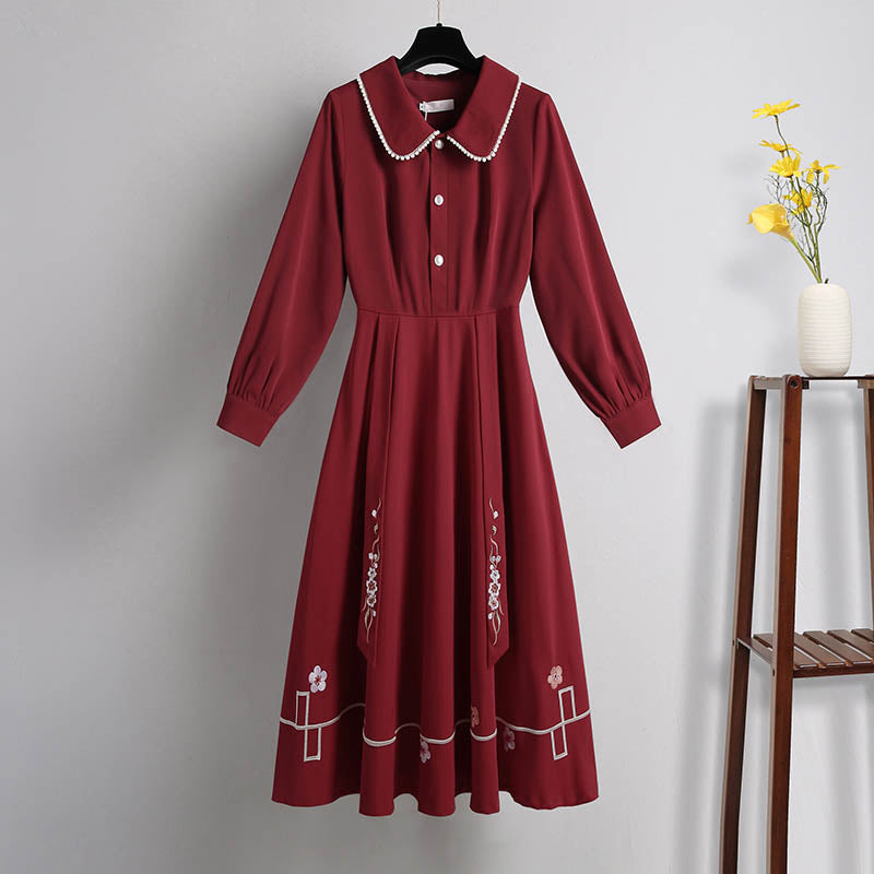 Red Vintage Dragon Knit Sweater Long Sleeve Lapel Dress